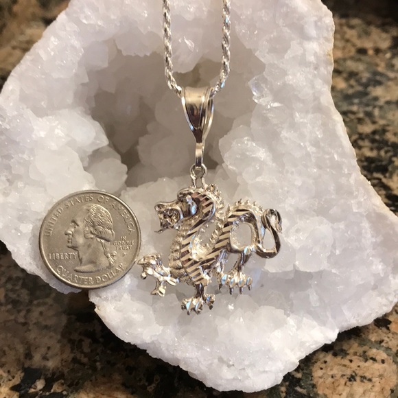 STERLING SILVER DRAGON PENDANT W/ROPE CHAIN NWT - Picture 3 of 5